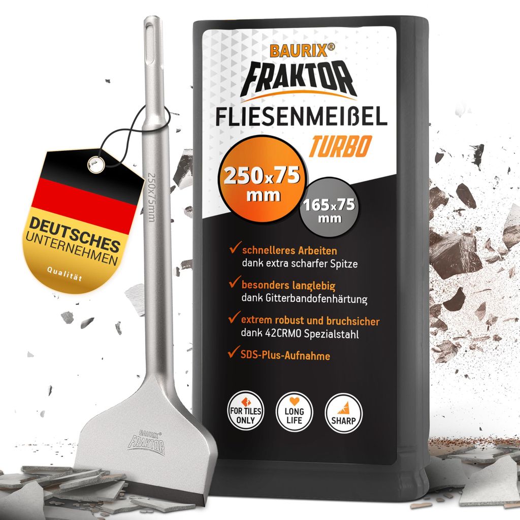 BAURIX Fliesenmeißel SDS Plus Meißel [250x75 mm] I FRAKTOR -System - Mühelos Fliesen entfernen I Abgewinkelter Flachmeißel breit für Fliesen