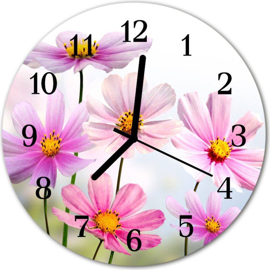Glasuhr Wanduhr Küchenuhr Echt-Glas 30fi cm Blumen rosa
