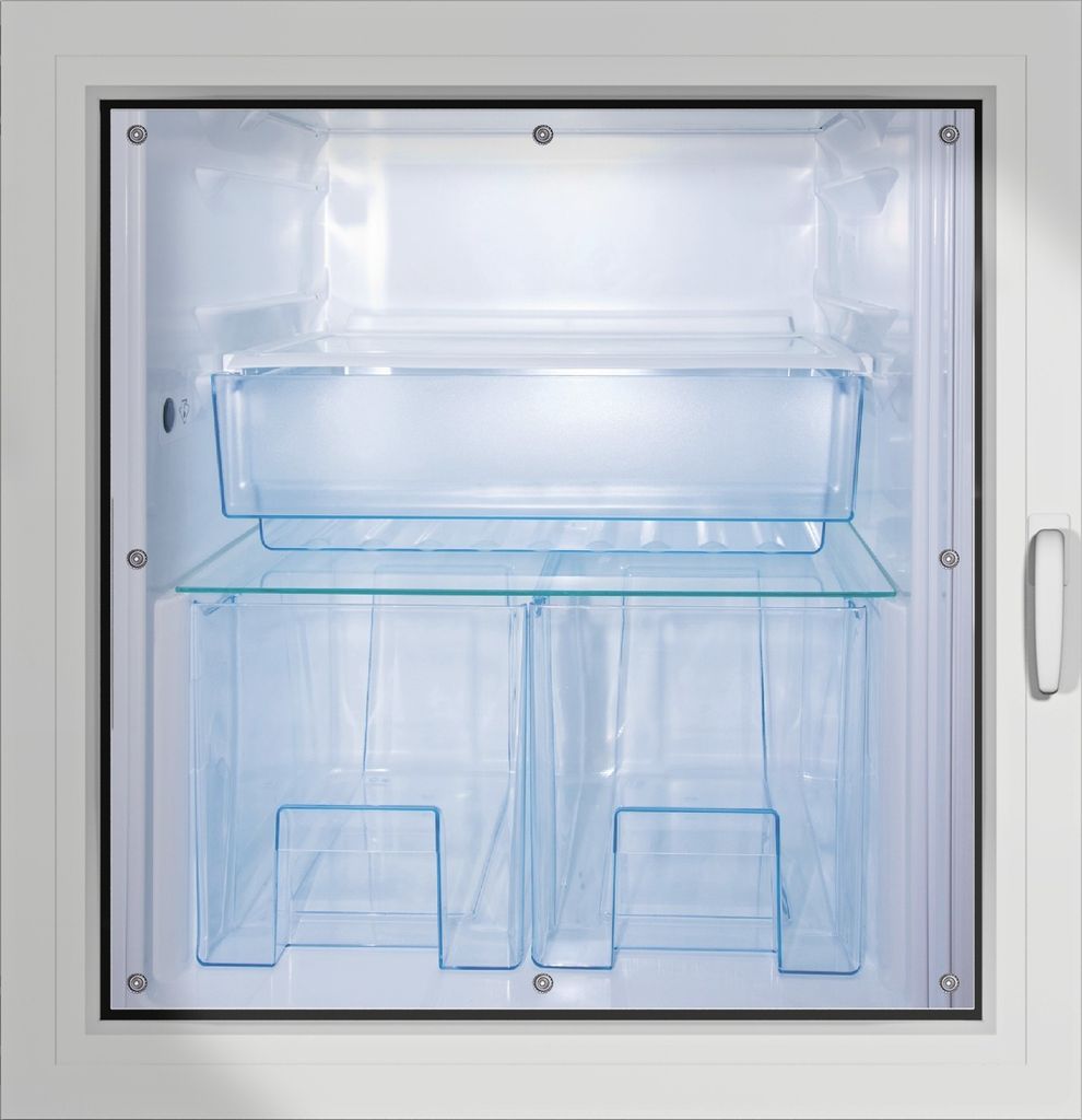 Wallario Lichtschutzbild, Dekorativer Sichtschutz Sonnenschutz 96 x 93 cm mit Motiv: Leerer Kühlschrank - offene Leere ohne Inhalt - Verdunklung o...