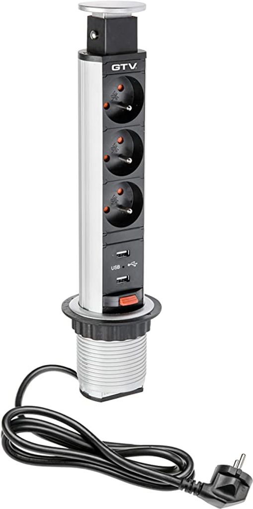 Ausziehbare Schreibtisch-Steckdosenleiste ?60 mm, 3 x French, 2 x USB 2,1 A, 5 V (silberfarben)