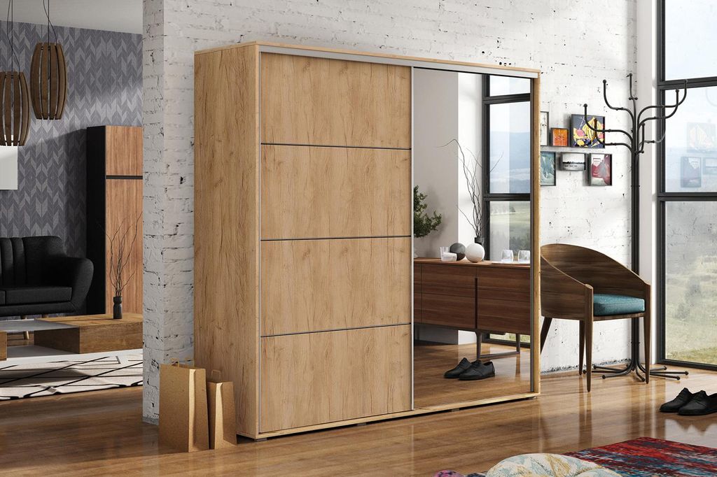A12 Schlafzimmerschrank mit Zwei Schiebetüren, Spiegel, Kleiderstange und Regalen - für Garderobe, Schlafzimmer - Craft Gold - 230 x 62 x 245 cm