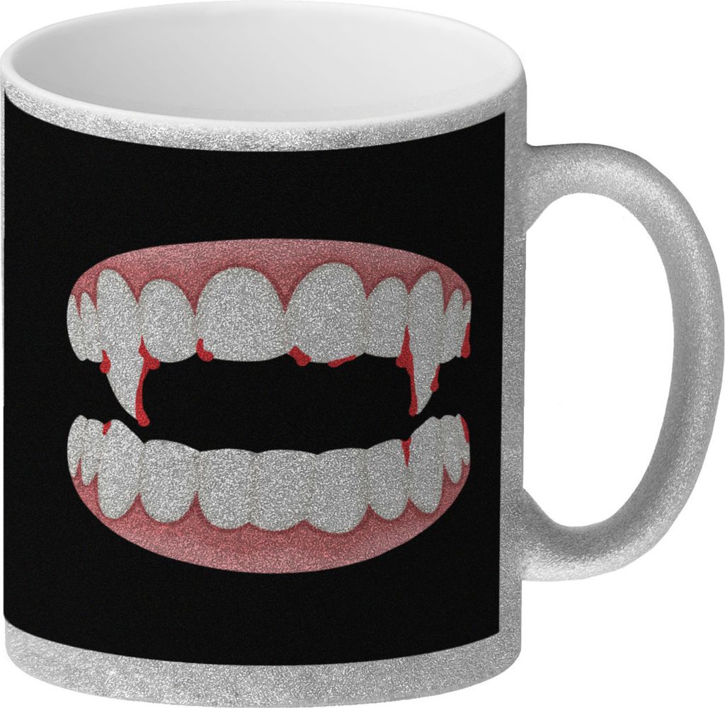 Vampirgebiss Horror Glitzer-Kaffeebecher für Halloween Produktbild 