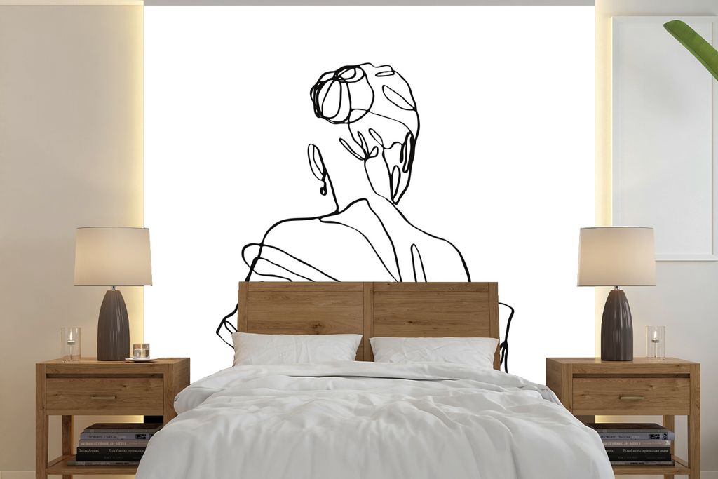 MuchoWow Fototapete für Wohnzimmer oder Schlafzimmer Wandtapete Vinyl Motivtapete Abstrakte Linienkunst einer Frau Kopf und Schultern Quadrat - ...