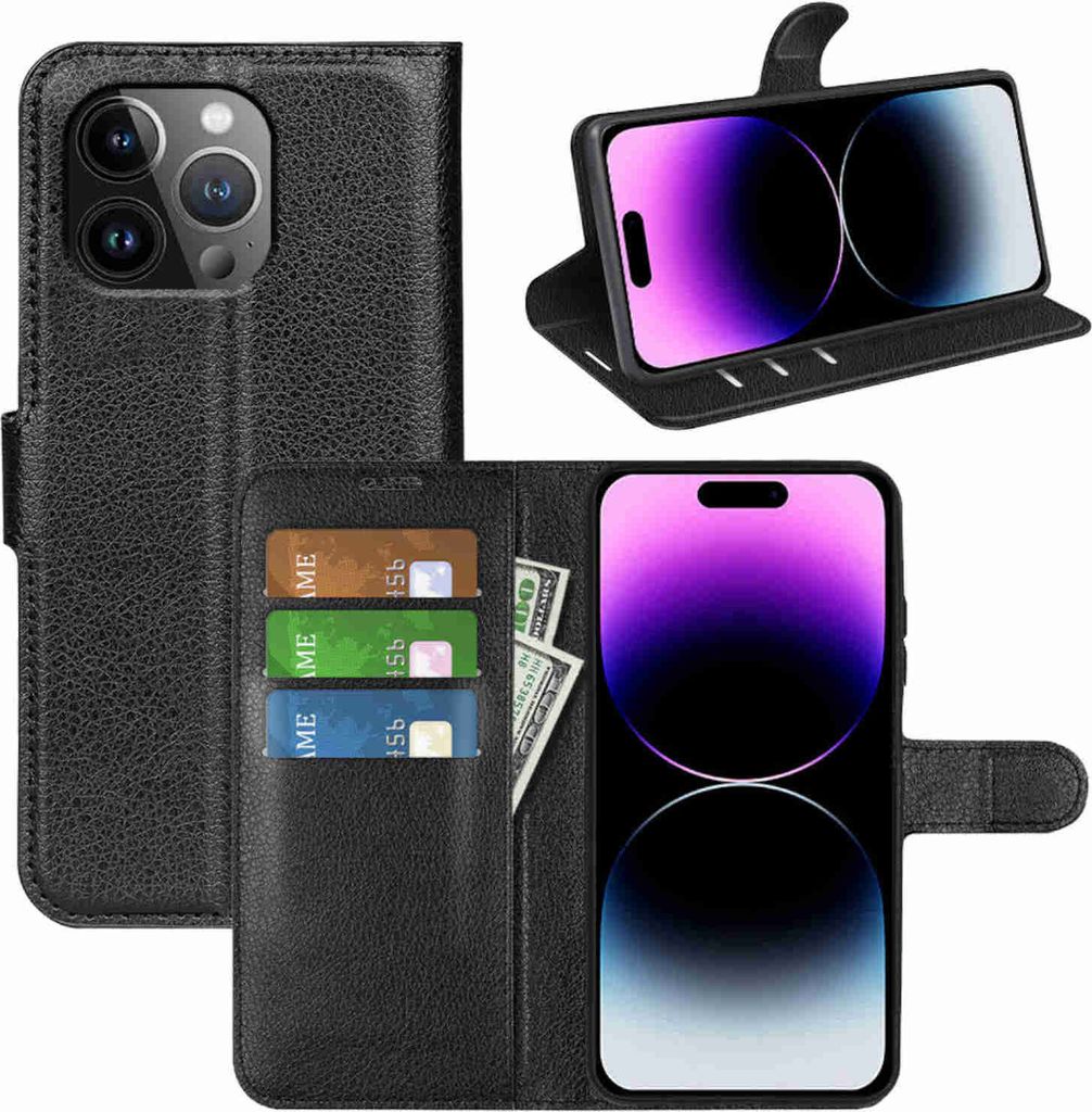 Für Apple iPhone 15 Pro Max Smart Handy Tasche Schwarz Etuis Kunst-Leder Hülle Cover Case Book