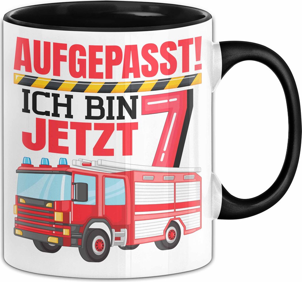 7. Geburtstag Geschenk Tasse Becher Jungs Feuerwehr Aufgepasst Ich Bin Jetzt 7 (Schwarz)