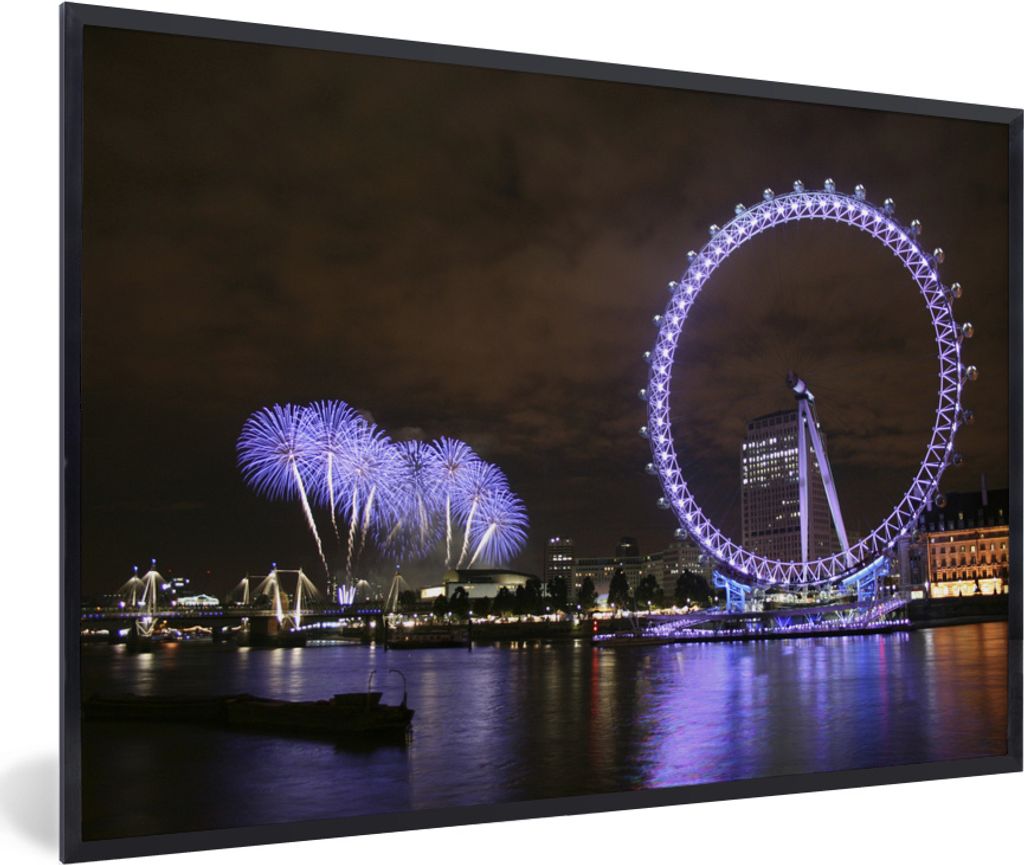 MuchoWow MuchoWow Gerahmtes Poster Lila Feuerwerk und ein lila London Eye am Abend in London 60x40 cm - Poster mit zchwarzem Bilderrahmen - Pri...