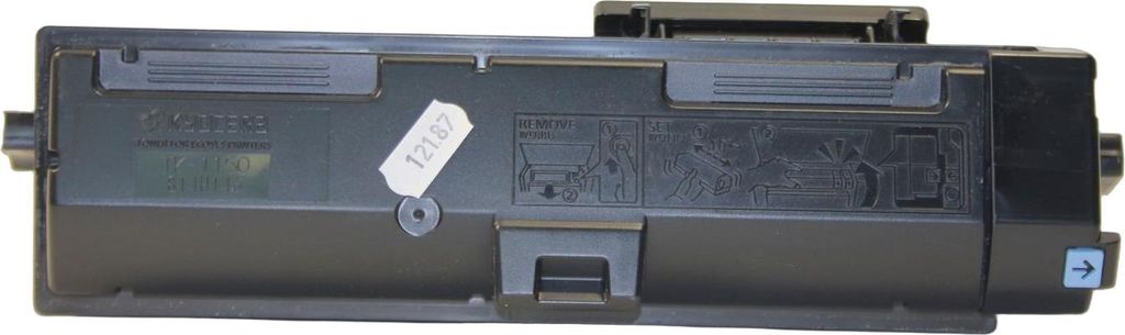 A black toner cartridge is shown against a white background.