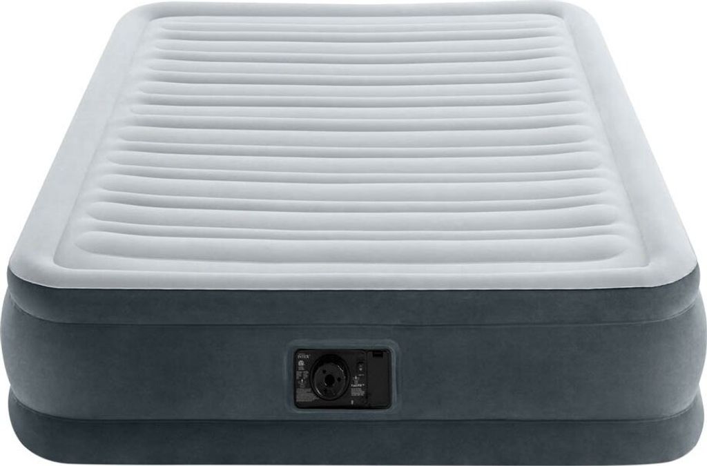 An inflatable air mattress with a built-in pump.