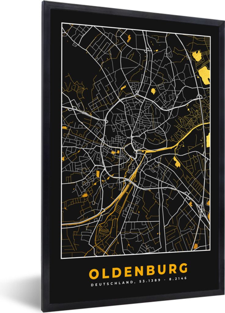 MuchoWow Gerahmtes Poster Oldenburg - Deutschland - Gold - Stadtplan - Karte 40x60 cm - Poster mit Schwarzem Bilderrahmen Wandposter Rahmen Foto ...