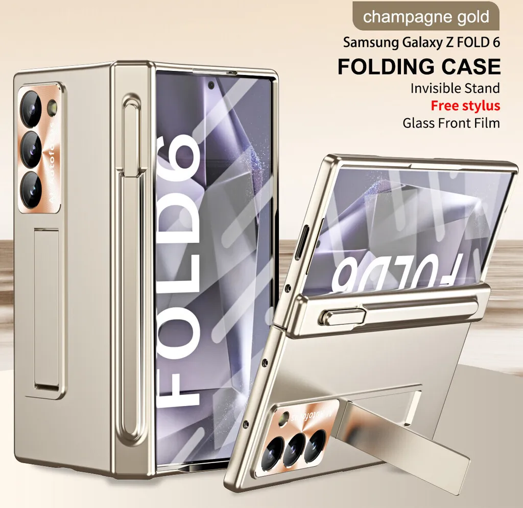 Custodia per Samsung Galaxy Z Fold 6 protezione a cerniera magnetica con portapenne, cover in PC galvanizzato con lente e protezione dello schermo Oro