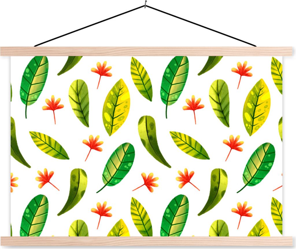 MuchoWow Textilposter Dschungel - Blätter - Rot 120x80 cm mit holzfarbenen Rahmen - Aufhängeset