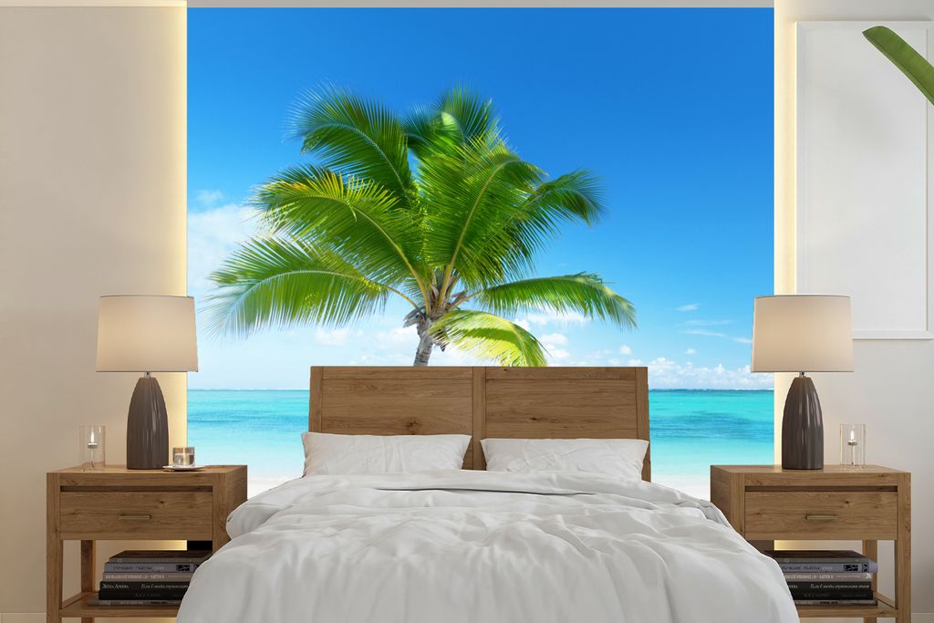 MuchoWow Fototapete für Wohnzimmer oder Schlafzimmer Wandtapete Vinyl Motivtapete Palme - Strand - Meer - Sommer - 240x240 cm - Schlafzimmer-Tapete
