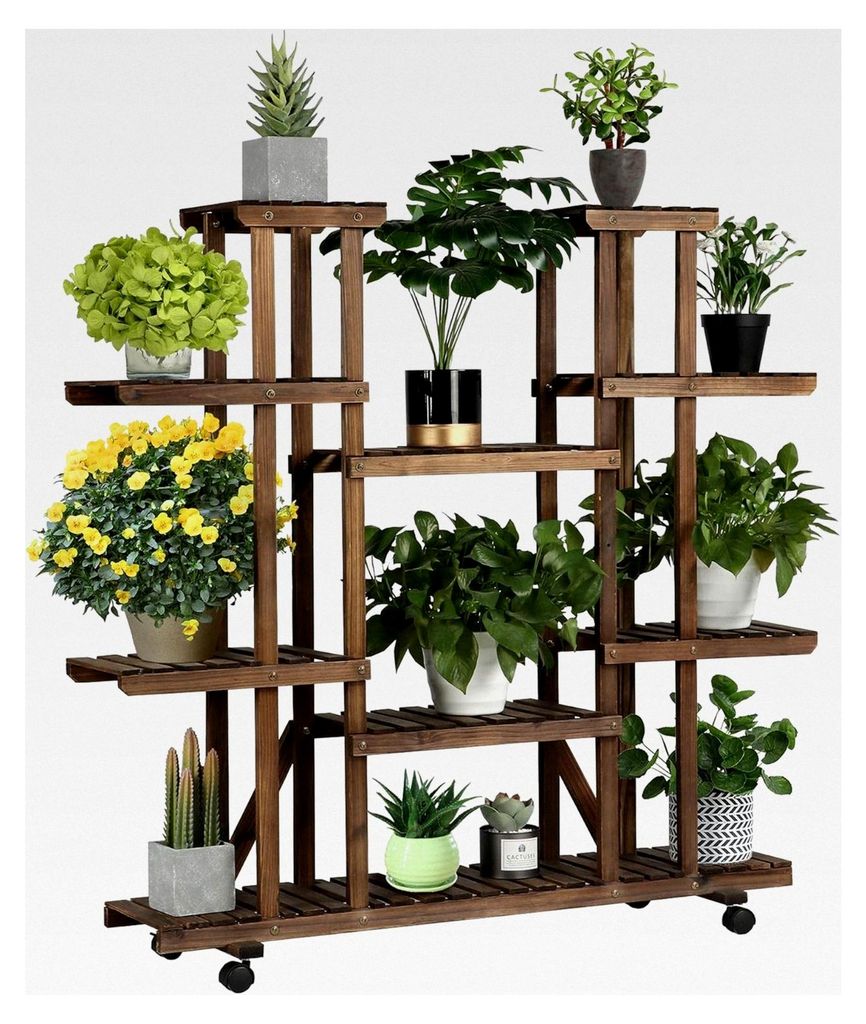 Blumenregal aus Holz mit 6 Ebenen und Rollen für Balkon, Wohnzimmer, Outdoor und Garten