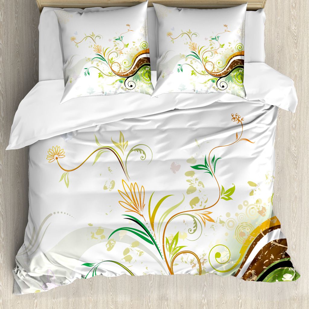 ABAKUHAUS Blumen Bettbezugs Set Für Doppelbetten, Blumen Efeu verlässt Efeu, Milbensicher Allergiker geeignet mit Kissenbezügen, Braun Gelb Bord...