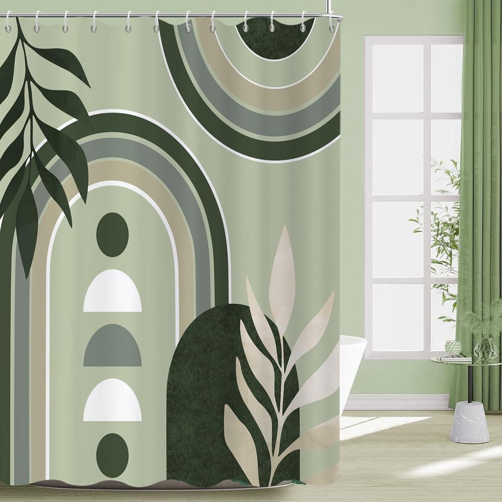 Duschvorhang, 180 x 200 cm, Grün, Mid-Century Modern, abstrakte Boho-Geometrie, wasserdicht, maschinenwaschbar, Badezimmervorhang mit Haken