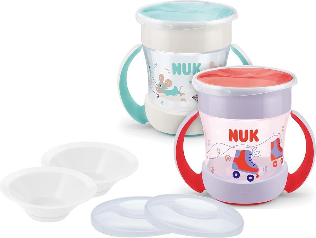 NUK Mini Magic Cup Set – Rosa & Mint 2er Pack + 2 Ersatzdeckel & 2 Trinktüllen – -frei, auslaufsicherer Babybecher ab 6 Monate