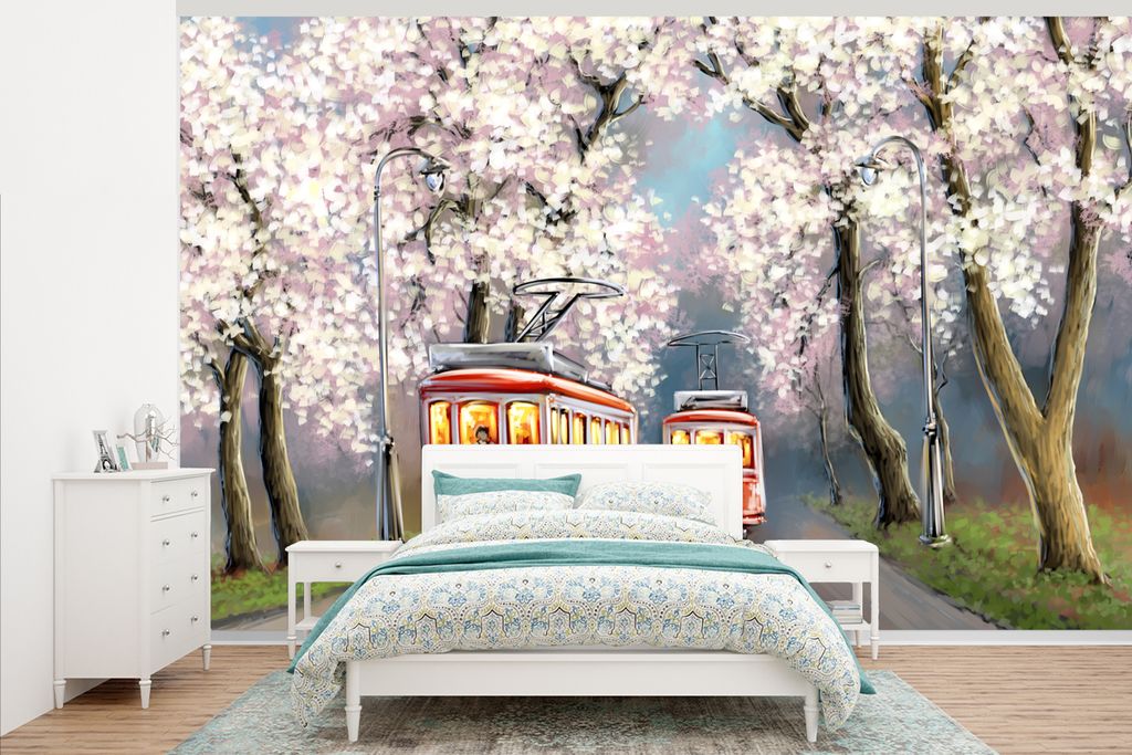 MuchoWow Fototapete für Wohnzimmer oder Schlafzimmer Wandtapete Vinyl Motivtapete Gemälde - Ölgemälde - Straßenbahn - Blühender Baum - 405x...