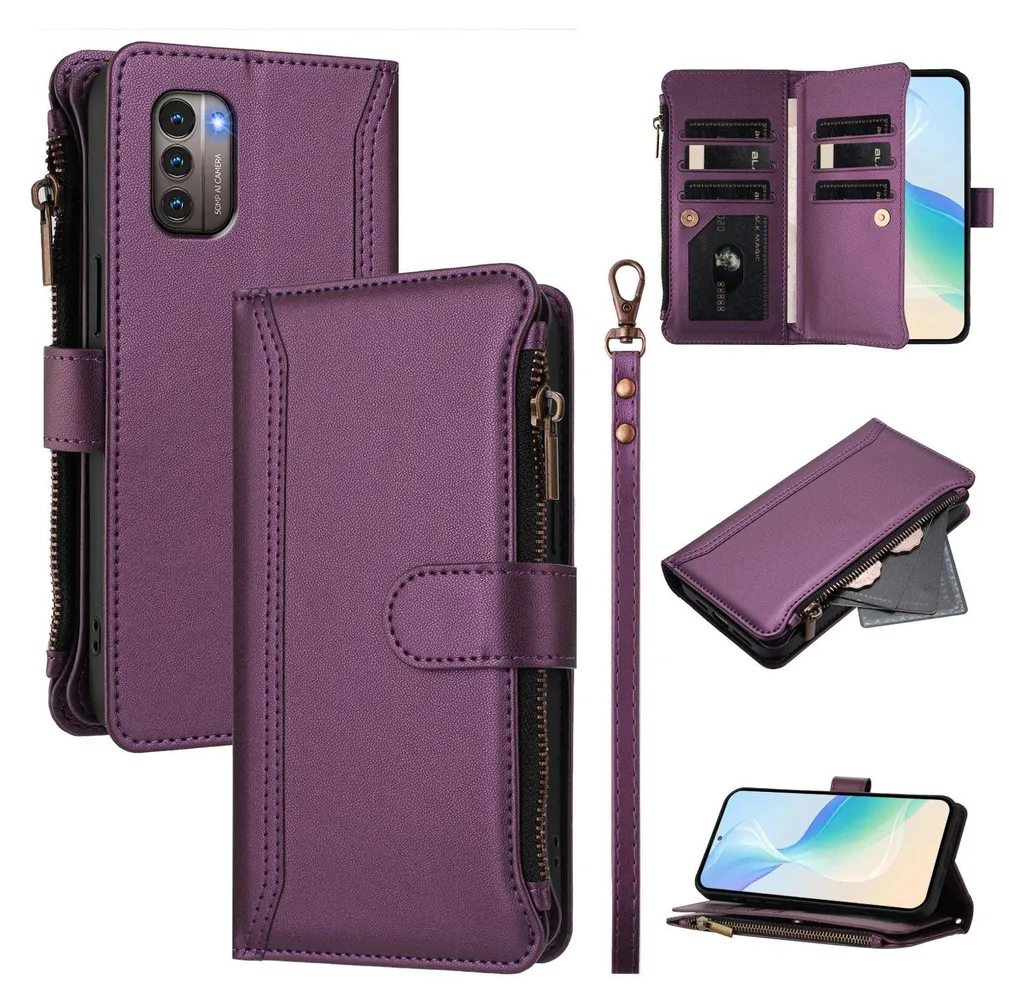 Custodia per Nokia G11/G21, con cerniera, portafoglio, custodia flip in Finto cuoio con tasche per carte, supporto e passante per la mano Viola