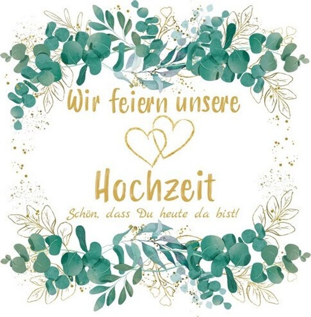 20 Servietten Eucalyptus Leaves gold Hochzeit - mit Herzen 33x33cm