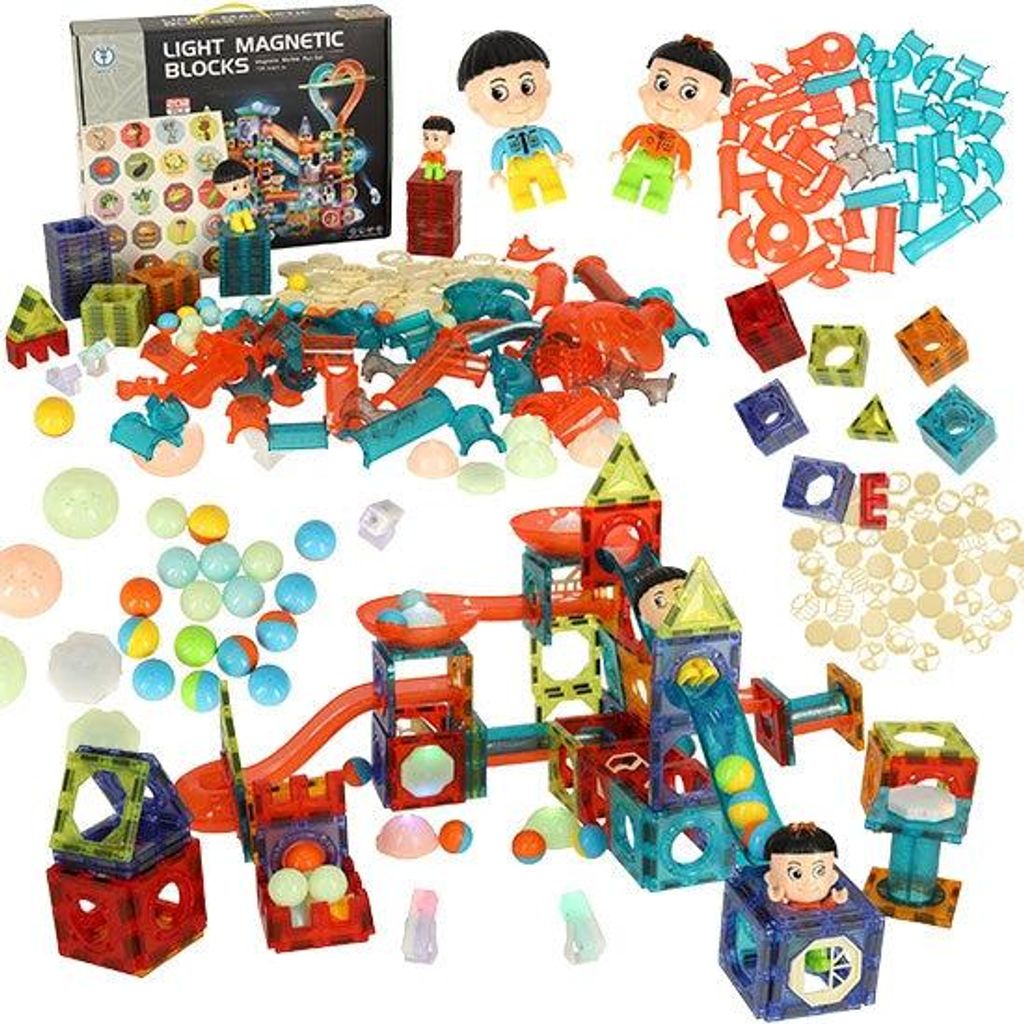 A collection of magnetic building blocks and accessories for a marble run toy.