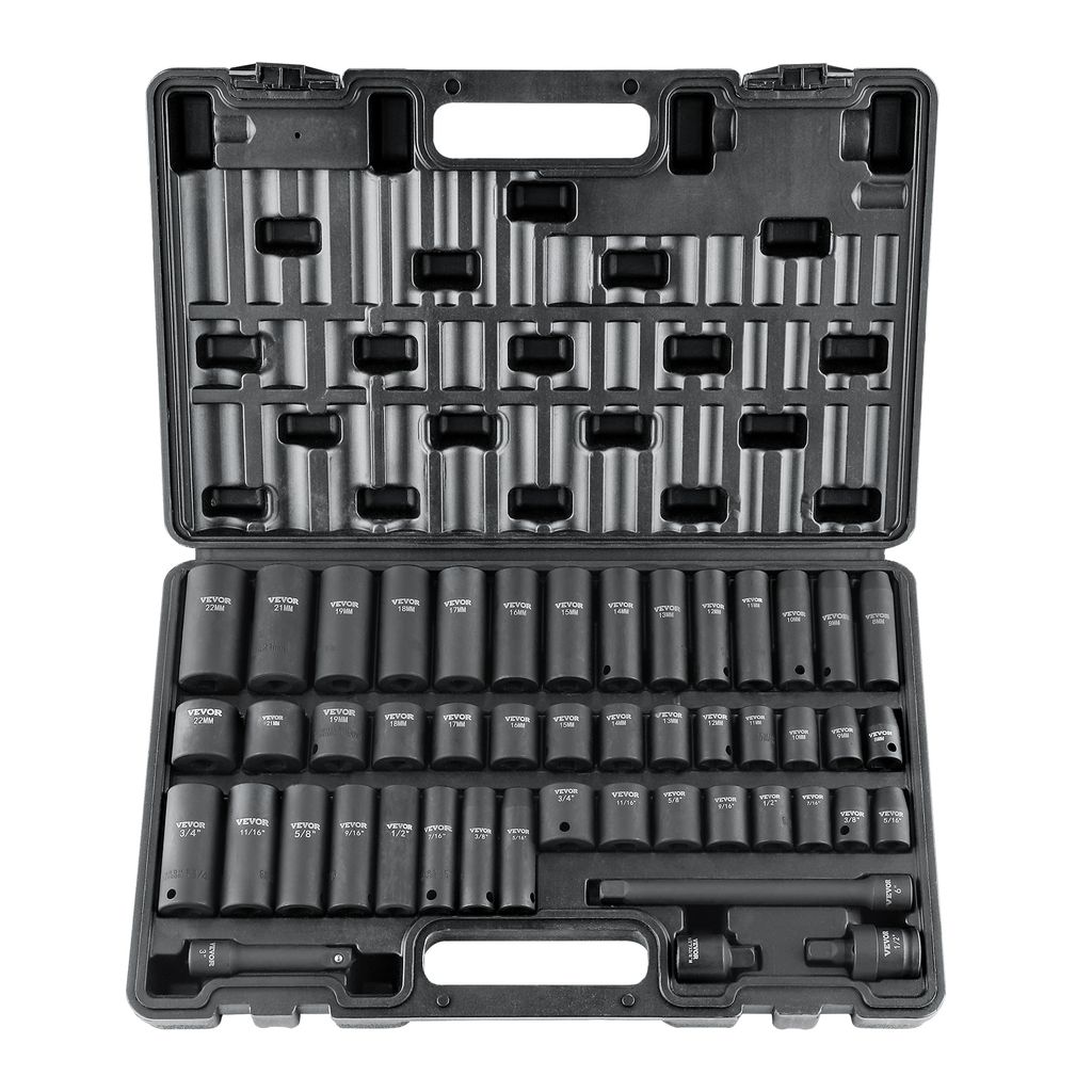 A black plastic toolbox containing a set of metal sockets and a ratchet wrench.