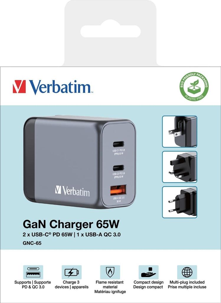Caricabatterie Verbatim GNC-64 GaN 65 W 2xUSB-C PD, 1xUSB-A Immagine del prodotto 