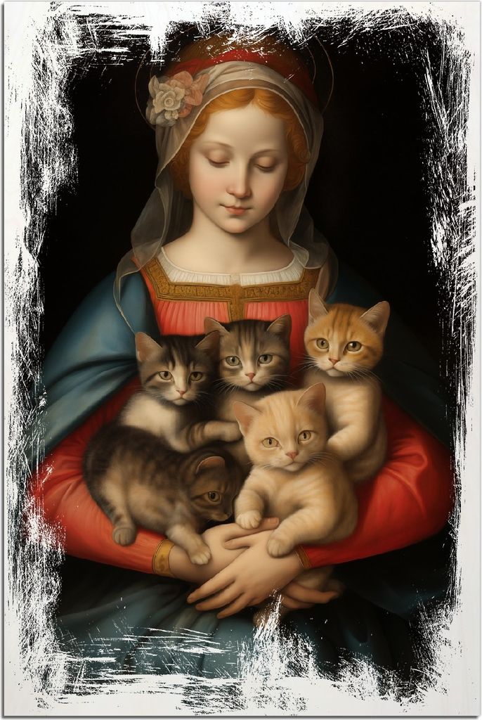 Kunstdrucke Wandbilder Holz in : Brillante Farben, Größe 60 x 90 cm Motiv Madonna der Kätzchen