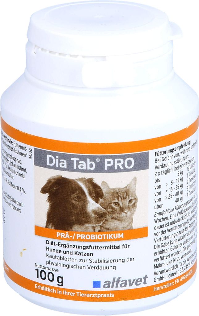 A white plastic bottle of Alfavet Dia Tab PRO for dogs and cats, with a label showing a dog and a cat.