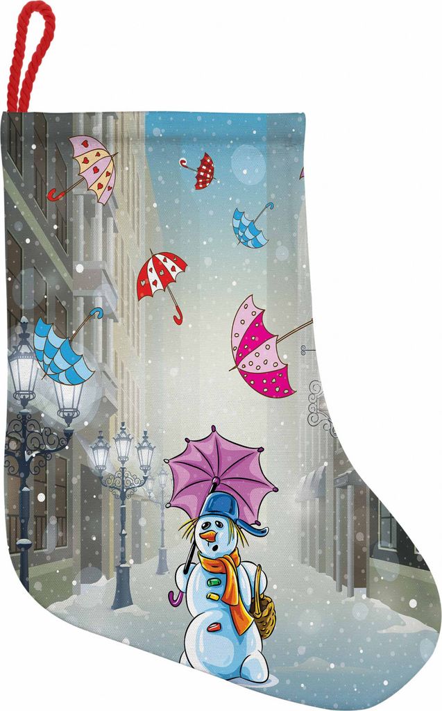 ABAKUHAUS Winter Hängende Nikolausstiefel Weihnachtssocken, CartoonSnowman und Regenschirm, Weihnachtsstrumpf zum Aufhängen, 25x35cm, Mehrfarbig