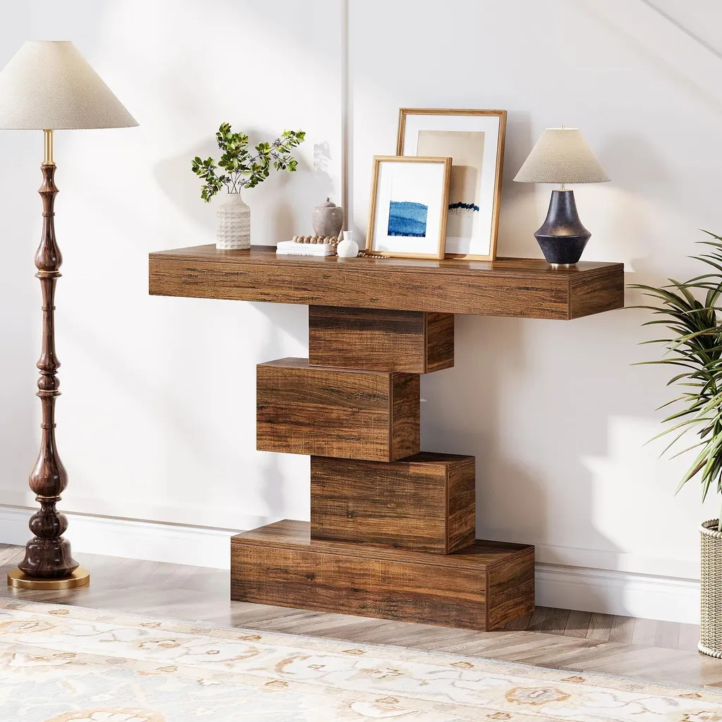 Table d'appoint console en bois 108x30x80 cm avec piètement géométrique