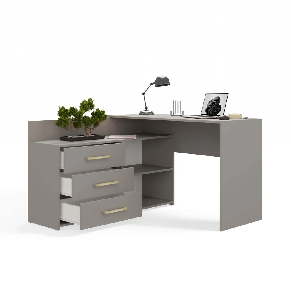 Bureau gain de place MIKOL gris - Rangez tout avec sa commode intégrée
