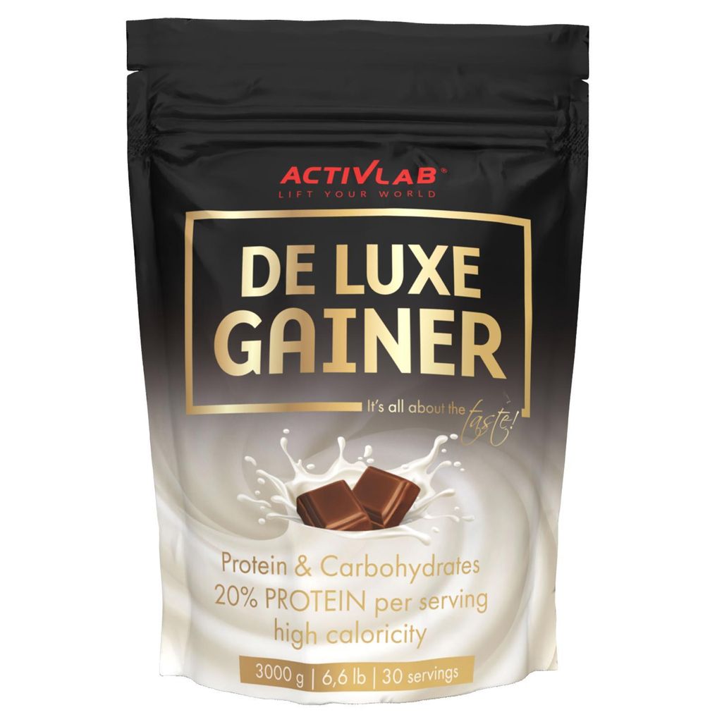 De Luxe Gainer 3000 g – Mass Gainer Schokolade, Whey Protein & Complex Carbs für Muskelaufbau und Energie, Activlab