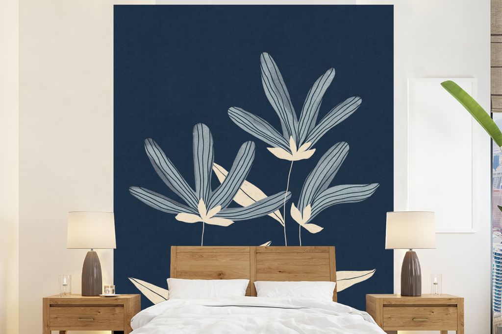 MuchoWow Fototapete für Wohnzimmer oder Schlafzimmer Wandtapete Vinyl Motivtapete Blumen - Blau - Pflanzen - Natur - 210x260 cm - Wand Tapete