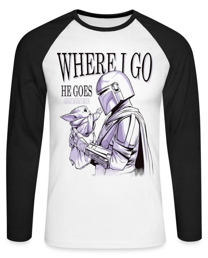 Star Wars: Mandalorian Where I Go Baseball Langarmshirt Herren, L, Weiß/Schwarz