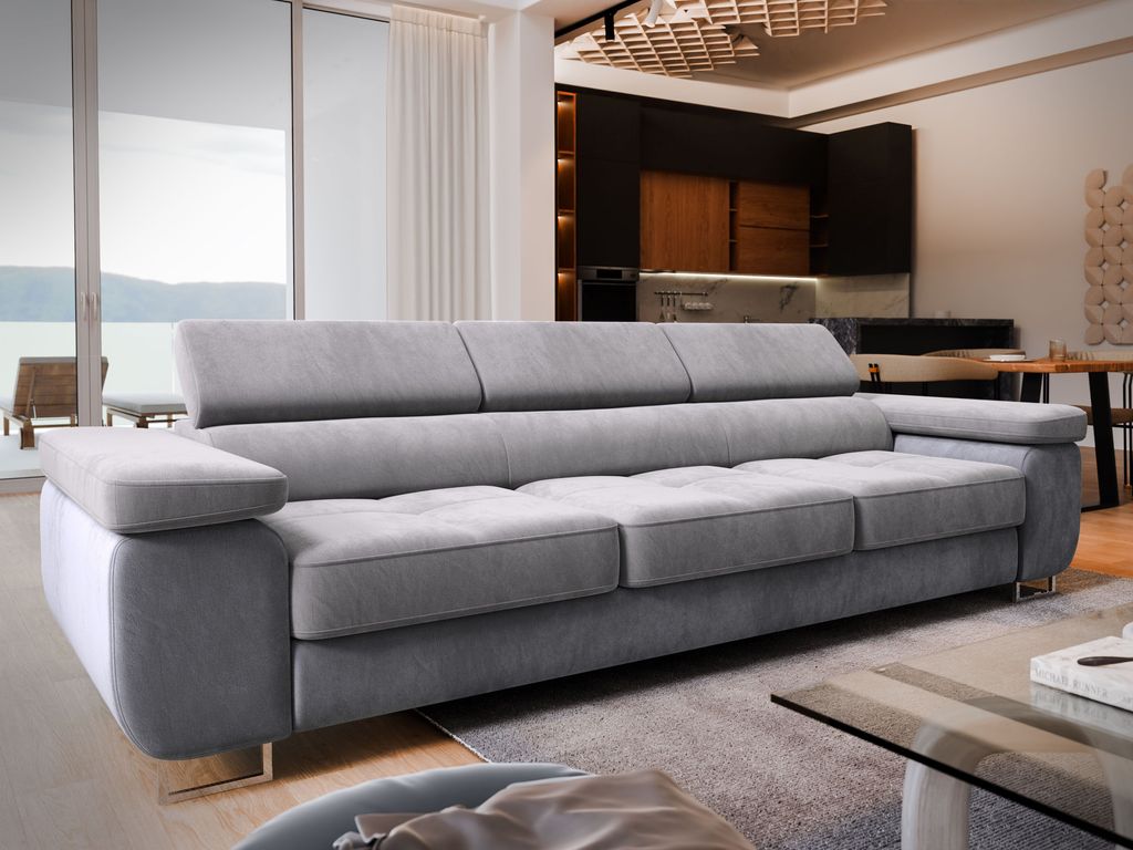 Sofa MOSINE Hellgrau Velours-Stoff mit Schlaffunktion, Wohnzimmersofa, Couch, Soffa, Bettsofa, Couchgarnitur- Hellgrau, MONOLITH 84 + MONOLITH 85