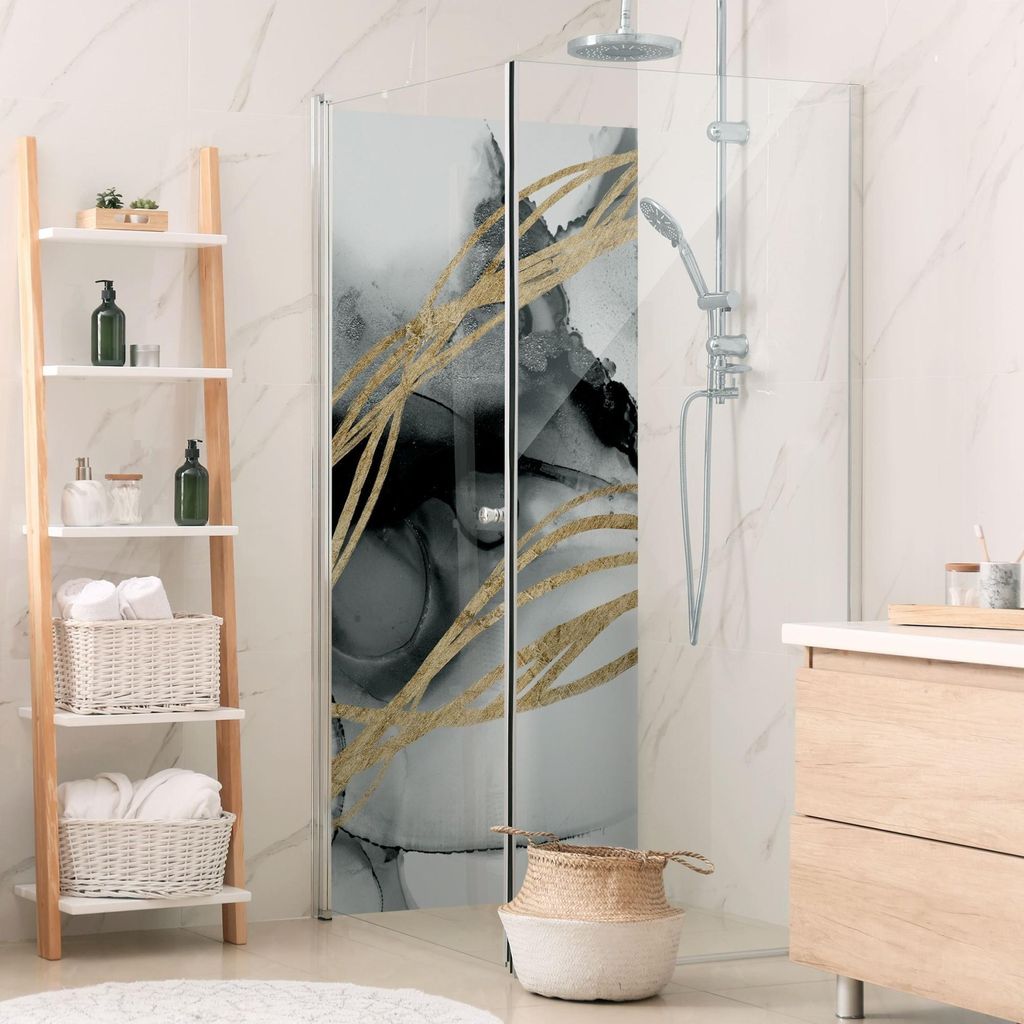 Duschrückwand originell selbstklebend - 0.61 mm Wandpaneel wasserfest Design schwarz Aquarell Abstrakt Badrückwand fugenlos Premium matt 90x190 cm