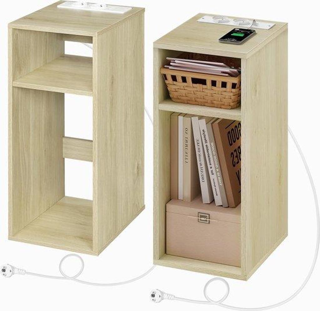 Doppelzahlsessel mit USB-Anschluss und Steckdosen, Raumsparendes Möbelstück mit 2 offenen Schubladen, für Wohnecke, Schlafzimmer, Holz, 25 x 30 ...