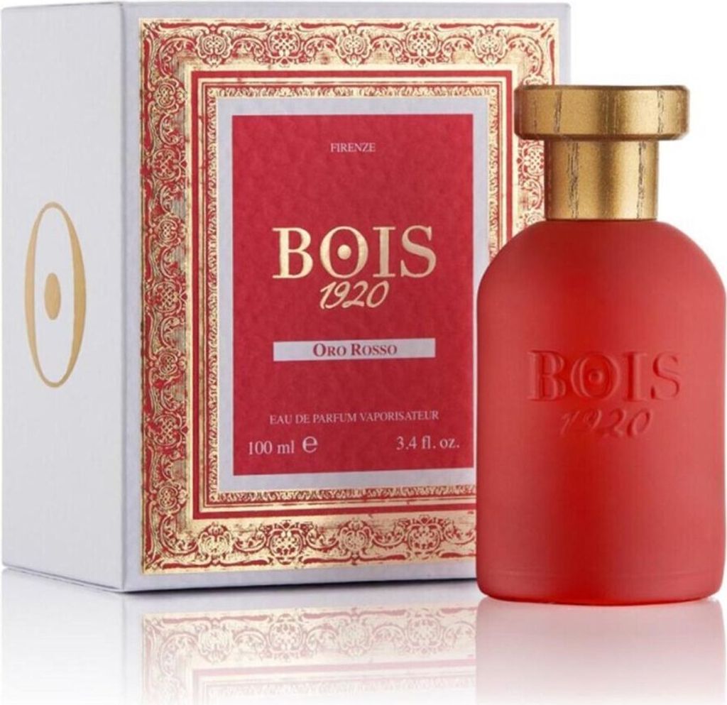 A red perfume bottle and its packaging are displayed against a white background.