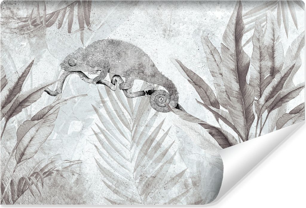 Muralo Vlies Fototapete für Esszimmer CHAMÄLEON tropische Pflanzen Beton Vintage Br. 312cm x Hö. 219cm