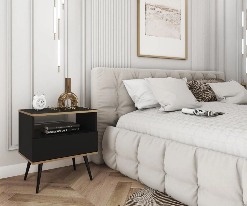 JENY Nachttisch - schwarz / gold / schwarze Beine