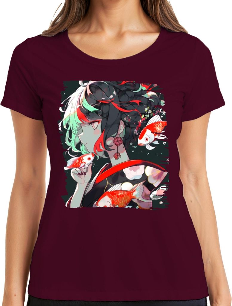 Anime Mädchen im Kimono Koi Karpfen Japanische Kunst Illustration Damen T-Shirt, Burgundy, XXL