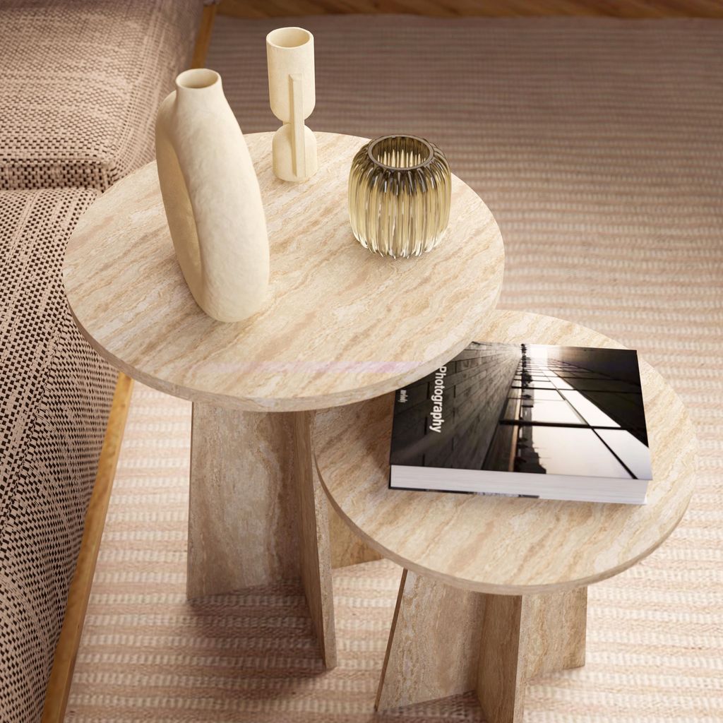 Travertine Round Nesting Table Zestaw 2 nowoczesnych Zdjęcie produktu 