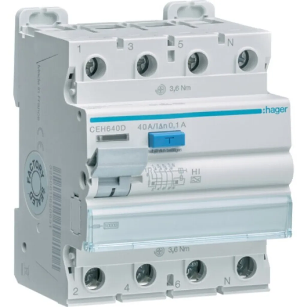Interrupteur différentiel triphasé 40A 100mA HI pour tableau Hager
