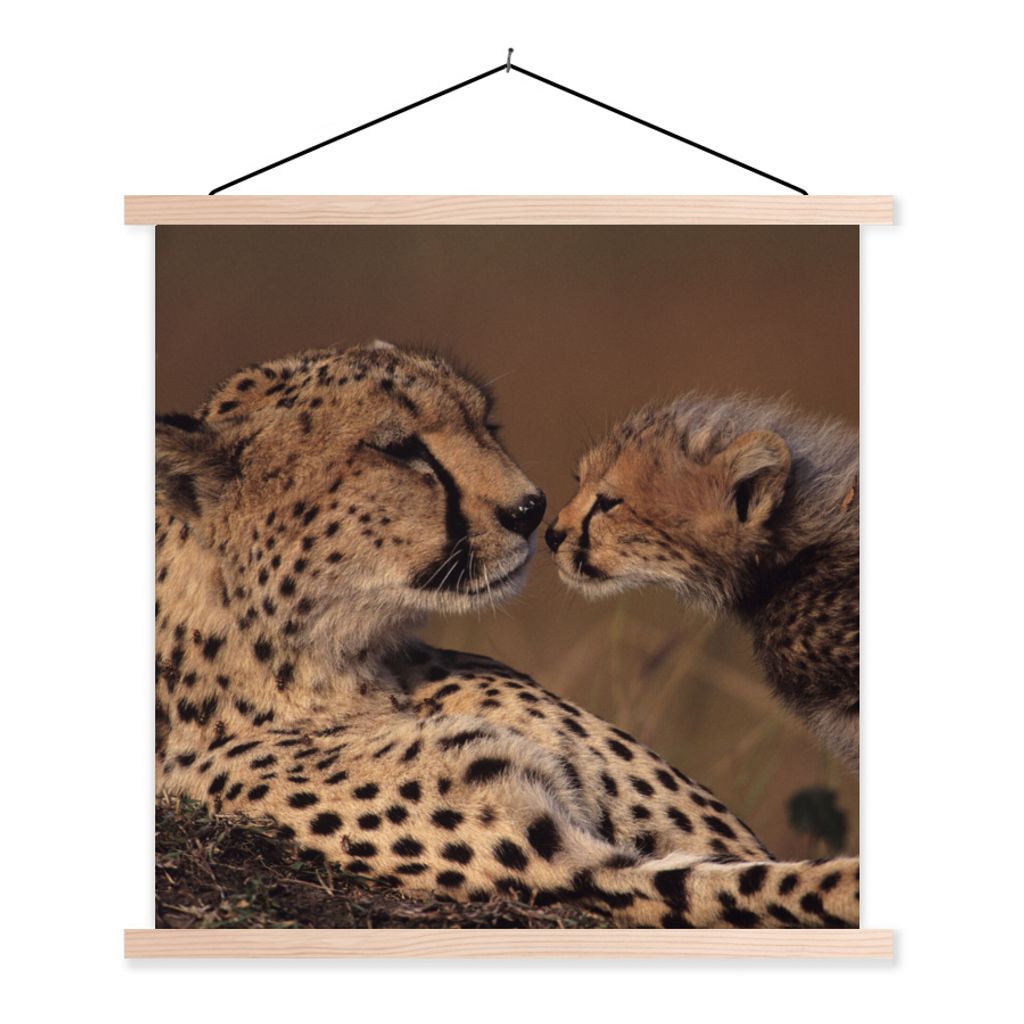MuchoWow Textilposter Gepardenmutter und Jungtier 60x60 cm mit holzfarbenen Rahmen - Wanddekoration