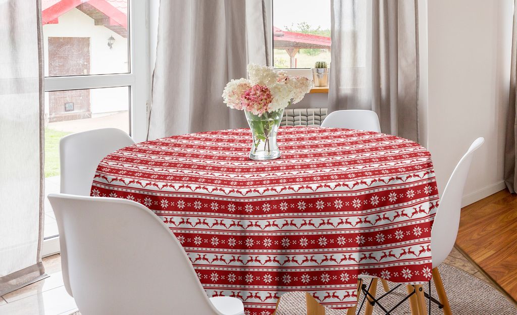 ABAKUHAUS Weihnachten Runde Tischdecke, Winter-Rotwild-Schneeflocke, Kreis Tischdecke Abdeckung für Esszimmer Küche Dekoration, 150 cm, Ruby-Weiß