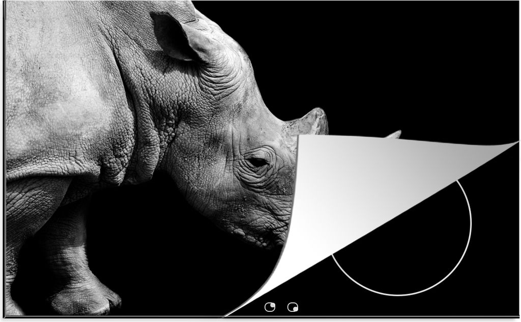 KitchenYeah Herdabdeckplatte Portrait Nashorn auf schwarzem Hintergrund , 80x52cm, Küche Deko, Glaskeramikkochfeld Herdabdeckung, Abdeckplatte f...