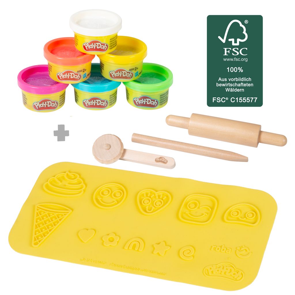 roba x Play-Doh Starterset - 3D-Kreativmatte,Holzwerkzeuge, 6 Knetdosen - Kreatives & pädagogisch wertvolles Geschenk - Für Kinder ab 3 Jahren