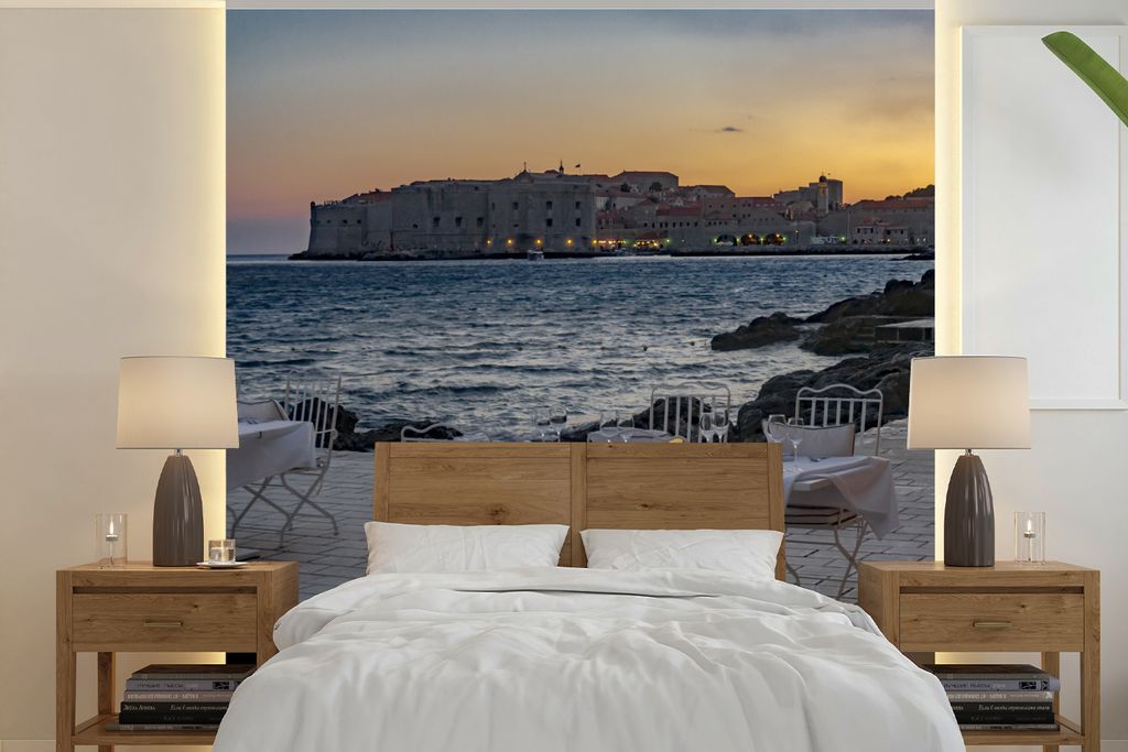 MuchoWow Fototapete für Wohnzimmer oder Schlafzimmer Wandtapete Vinyl Motivtapete Terrasse in Kroatien mit Sonnenuntergang - 260x260 cm - Papier...