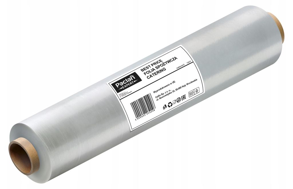 A roll of clear plastic food wrap on a cardboard tube.