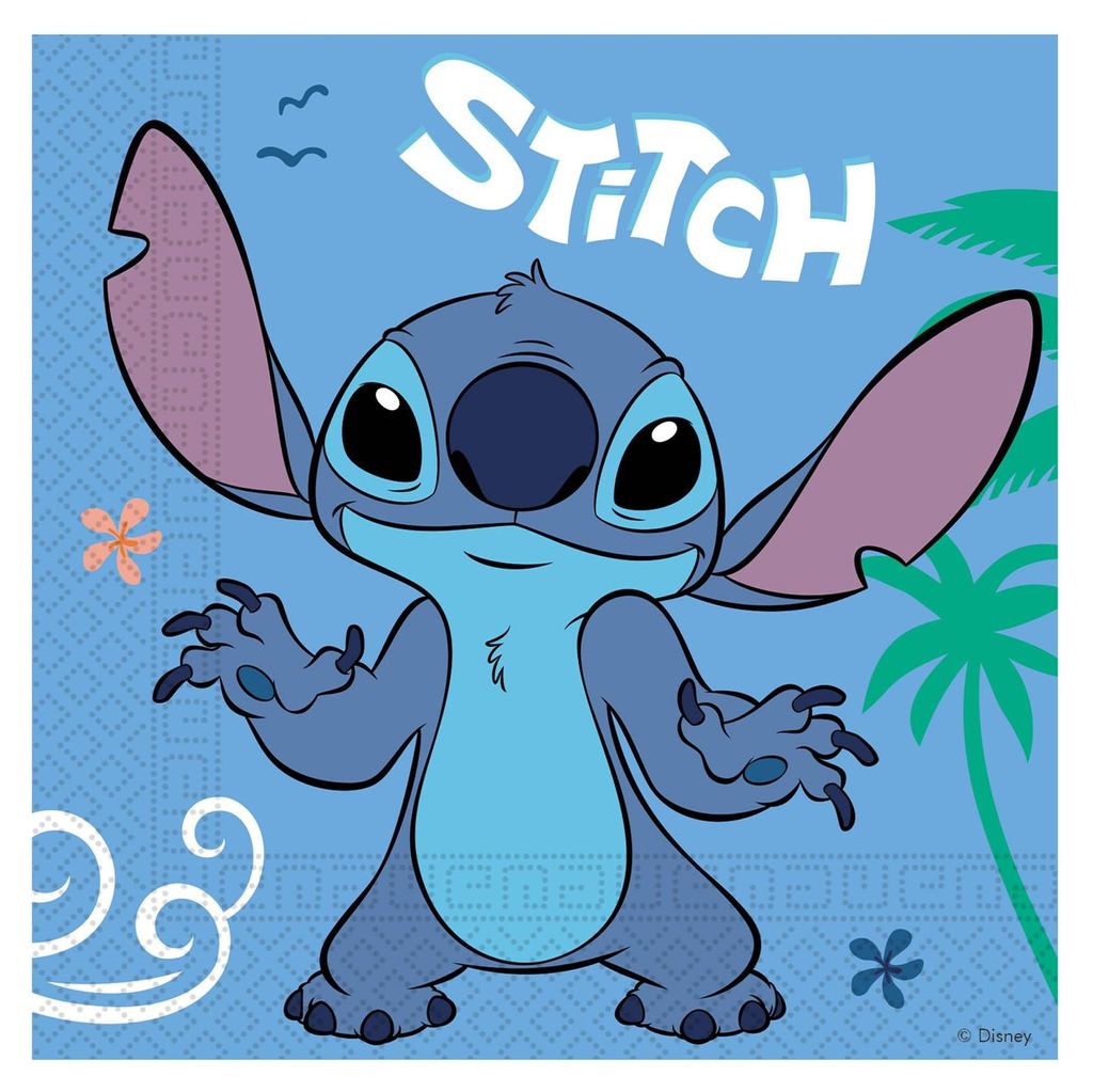 A cartoon image of Stitch from Disney's Lilo & Stitch, with tropical elements like palm trees and flowers, and the word "Stitch" overlaid.